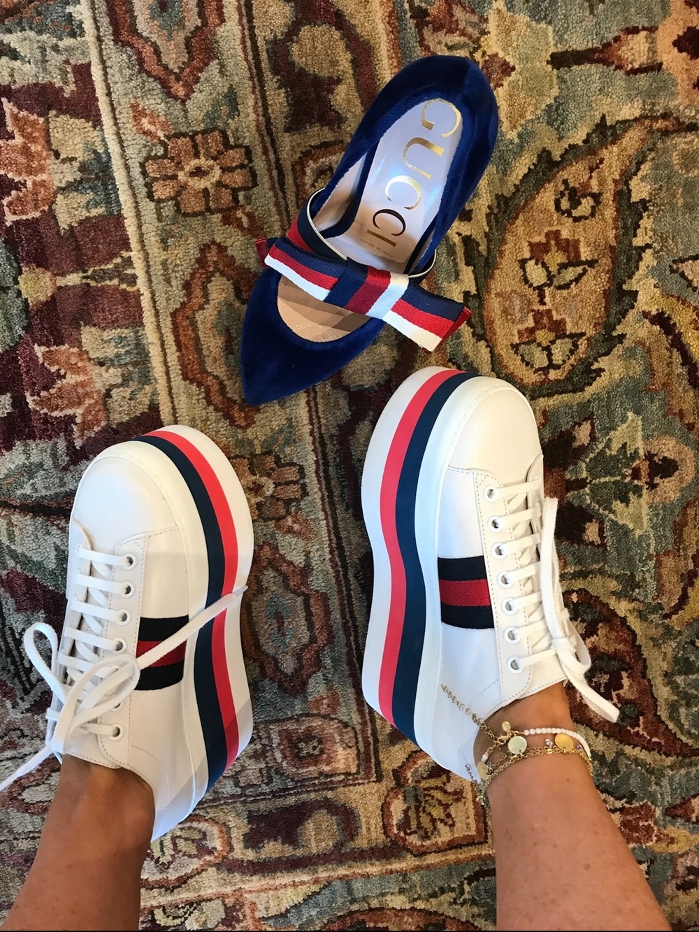 Gucci Platform Leather Sneakers White Web Stripe Flatform Size 37/7US Worn Once